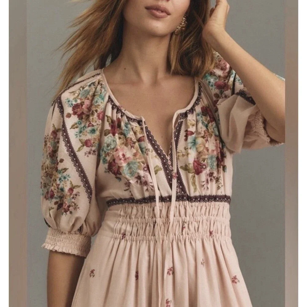 ANTHROPOLOGIE the somerset puff sleeve maxi dress M Milkmaid Fairy Hippie Boho - Picture 7 of 16